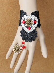 Fashion Gothic Love Retro Black Lace Ruby Female Band Ring Bracelet One Chain