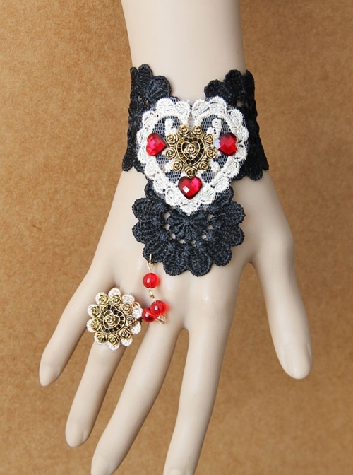 Fashion Gothic Love Retro Black Lace Ruby Female Band Ring Bracelet One Chain