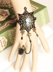 Fashion Christmas Snowflake Beauty Head Handmade Retro Black Lace Female Bracelet With Ring One Chain