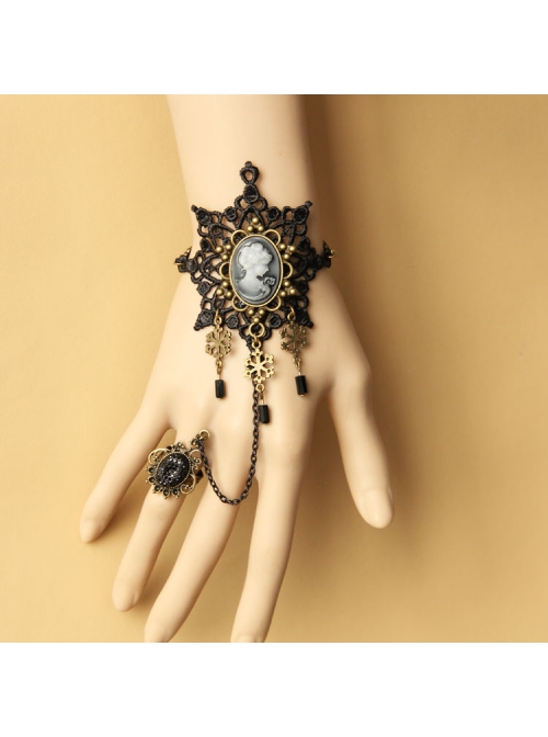 Fashion Christmas Snowflake Beauty Head Handmade Retro Black Lace Female Bracelet With Ring One Chain