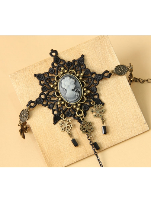 Fashion Christmas Snowflake Beauty Head Handmade Retro Black Lace Female Bracelet With Ring One Chain