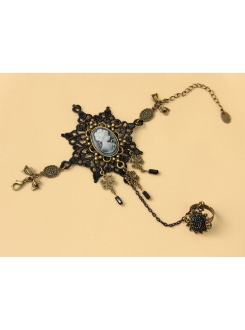 Fashion Christmas Snowflake Beauty Head Handmade Retro Black Lace Female Bracelet With Ring One Chain