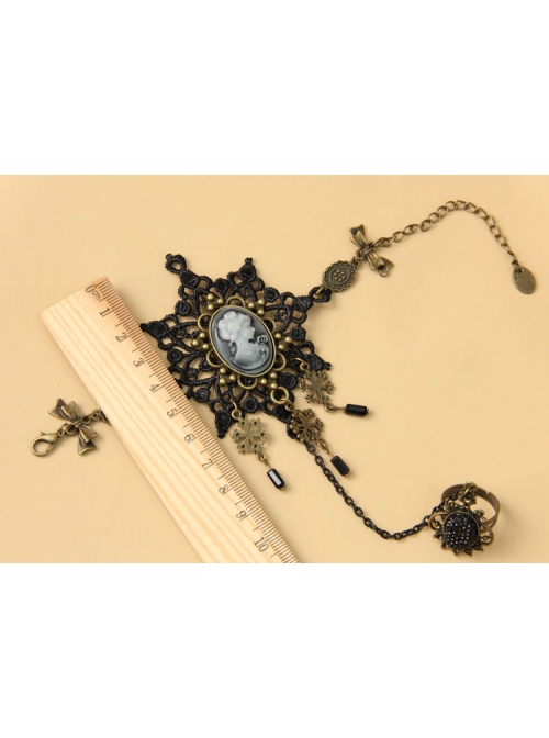 Fashion Christmas Snowflake Beauty Head Handmade Retro Black Lace Female Bracelet With Ring One Chain