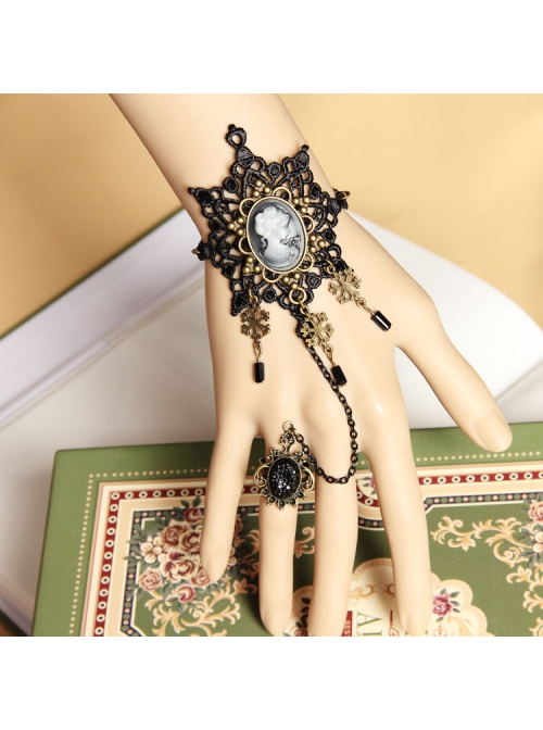 Fashion Christmas Snowflake Beauty Head Handmade Retro Black Lace Female Bracelet With Ring One Chain