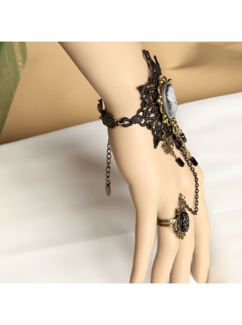 Fashion Christmas Snowflake Beauty Head Handmade Retro Black Lace Female Bracelet With Ring One Chain