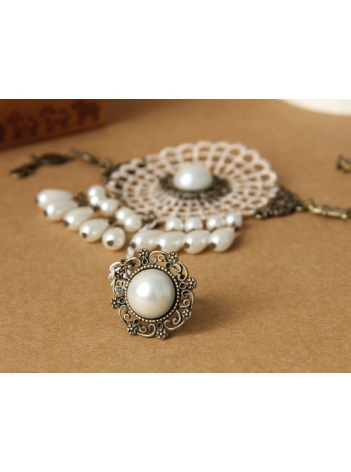 Fashion Retro Love White Pearl Golden Lace Female Bracelet With Ring One Chain