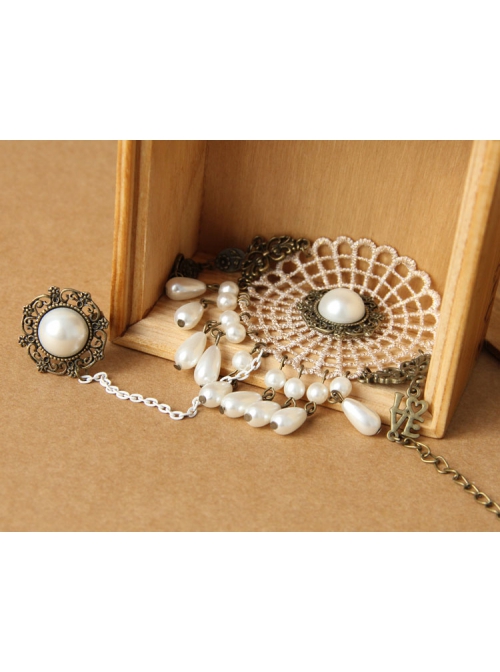 Fashion Retro Love White Pearl Golden Lace Female Bracelet With Ring One Chain