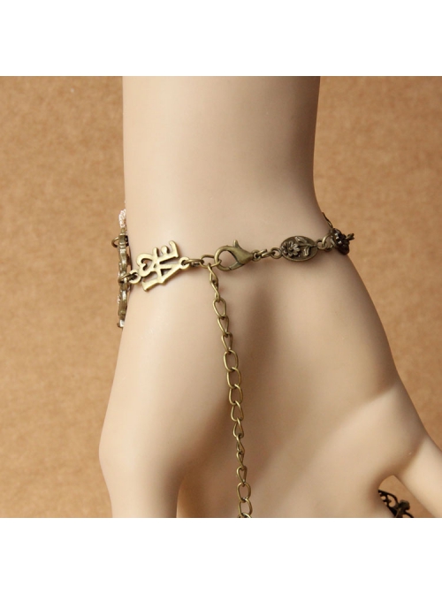 Fashion Retro Love White Pearl Golden Lace Female Bracelet With Ring One Chain