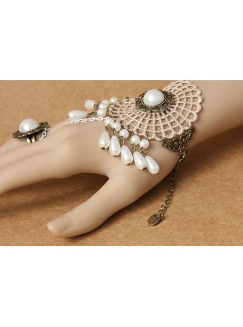Fashion Retro Love White Pearl Golden Lace Female Bracelet With Ring One Chain
