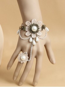 Fashion Retro Elegant Golden Lace White Pearl Handmade Female With Ring Bracelet