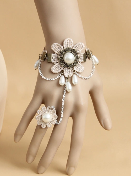 Fashion Retro Elegant Golden Lace White Pearl Handmade Female With Ring Bracelet