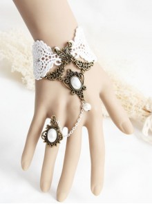 Fashion Retro Bride Bridesmaid Wedding White Lace Pearl Female Bracelet With Ring One Chain