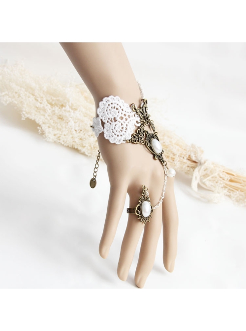 Fashion Retro Bride Bridesmaid Wedding White Lace Pearl Female Bracelet With Ring One Chain