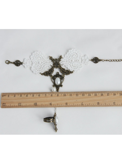 Fashion Retro Bride Bridesmaid Wedding White Lace Pearl Female Bracelet With Ring One Chain