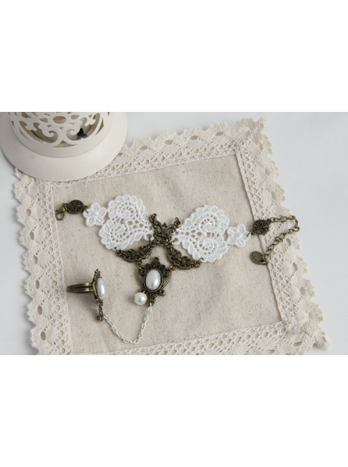 Fashion Retro Bride Bridesmaid Wedding White Lace Pearl Female Bracelet With Ring One Chain