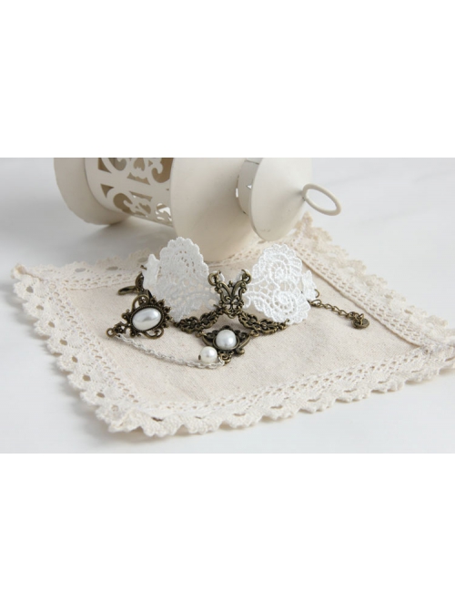 Fashion Retro Bride Bridesmaid Wedding White Lace Pearl Female Bracelet With Ring One Chain