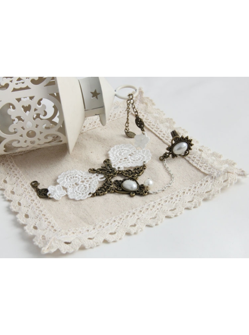 Fashion Retro Bride Bridesmaid Wedding White Lace Pearl Female Bracelet With Ring One Chain