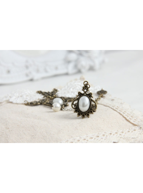 Fashion Retro Bride Bridesmaid Wedding White Lace Pearl Female Bracelet With Ring One Chain