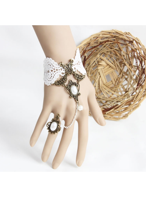 Fashion Retro Bride Bridesmaid Wedding White Lace Pearl Female Bracelet With Ring One Chain