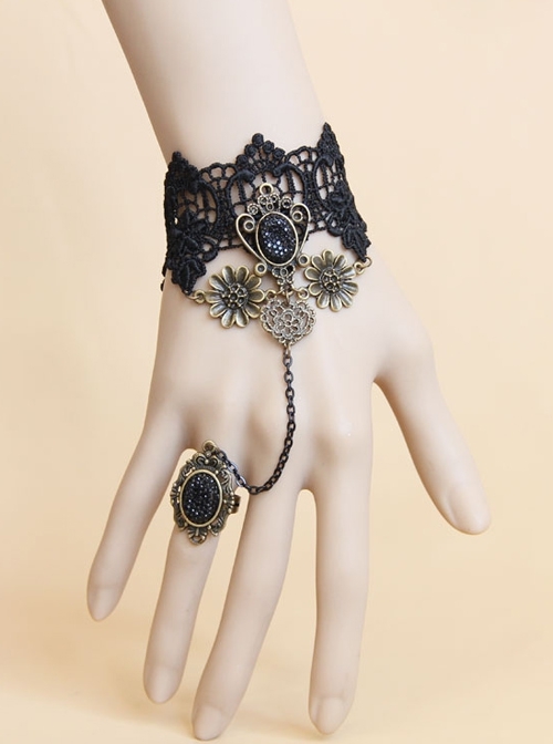 Gothic Retro Fashion Black Lace Flower Handmade Female Bracelet With Ring One Chain