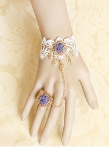 Fashion Elegant Purple Rose White Lace Golden Leaves Handmade Female Bracelet With Ring One Chain
