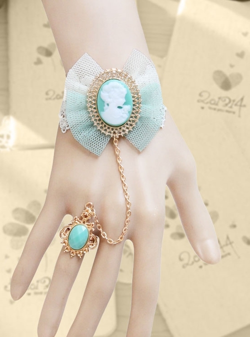 Fashion Sweet Beauty Head Retro Green Bowknot White Lace Female Bracelet With Ring One Chain