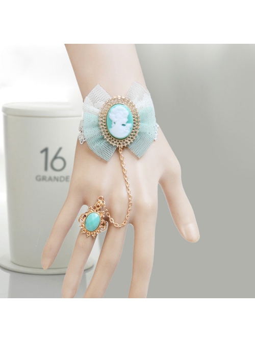 Fashion Sweet Beauty Head Retro Green Bowknot White Lace Female Bracelet With Ring One Chain