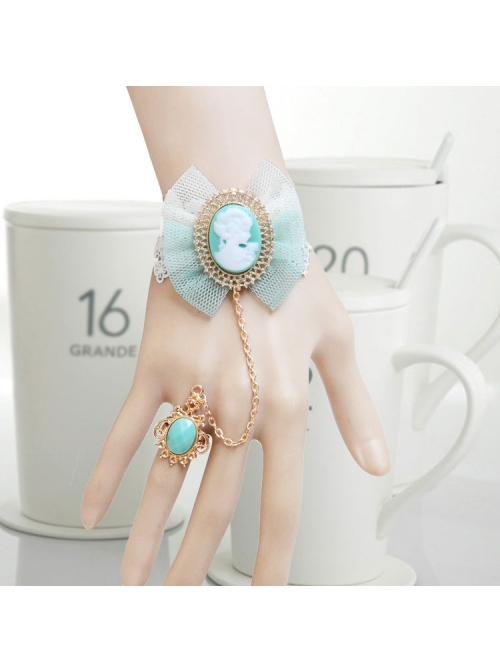Fashion Sweet Beauty Head Retro Green Bowknot White Lace Female Bracelet With Ring One Chain