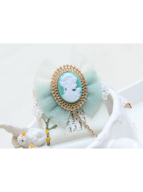 Fashion Sweet Beauty Head Retro Green Bowknot White Lace Female Bracelet With Ring One Chain