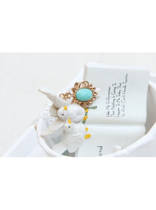 Fashion Sweet Beauty Head Retro Green Bowknot White Lace Female Bracelet With Ring One Chain
