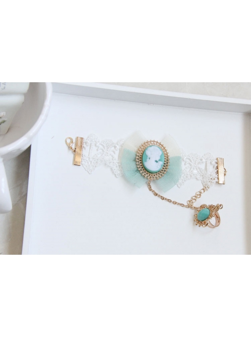 Fashion Sweet Beauty Head Retro Green Bowknot White Lace Female Bracelet With Ring One Chain