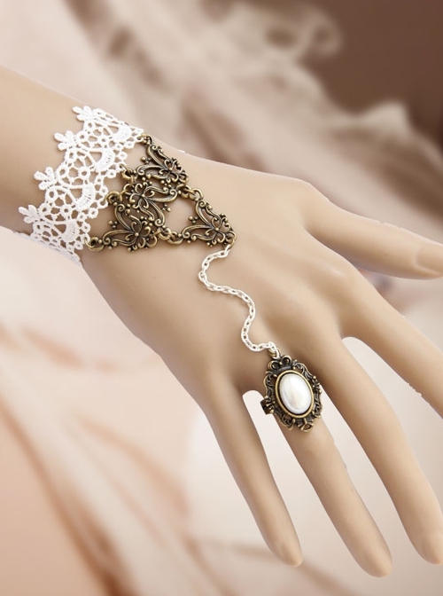 Fashion Elegant Lolita White Lace Retro Pearl Female Band Ring Bracelet