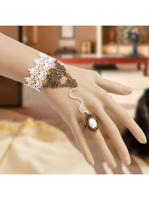 Fashion Elegant Lolita White Lace Retro Pearl Female Band Ring Bracelet