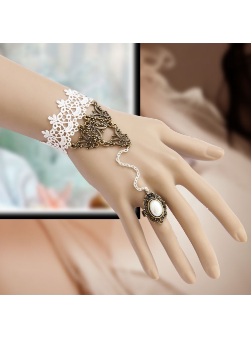 Fashion Elegant Lolita White Lace Retro Pearl Female Band Ring Bracelet