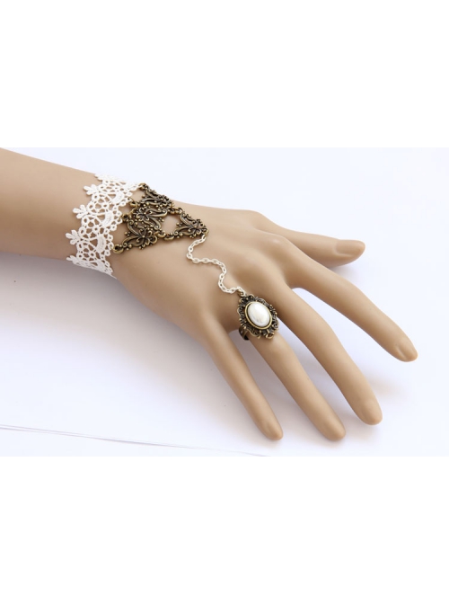 Fashion Elegant Lolita White Lace Retro Pearl Female Band Ring Bracelet