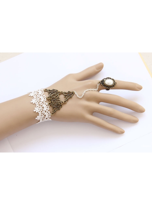 Fashion Elegant Lolita White Lace Retro Pearl Female Band Ring Bracelet