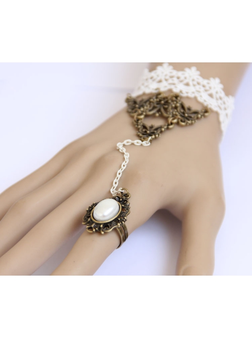 Fashion Elegant Lolita White Lace Retro Pearl Female Band Ring Bracelet