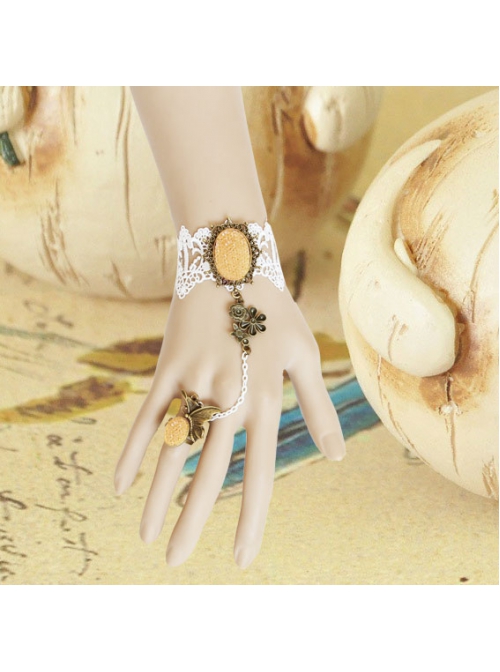 Fashion Retro Elegant Bride White Lace Handmade Female Bracelet With Ring One Chain