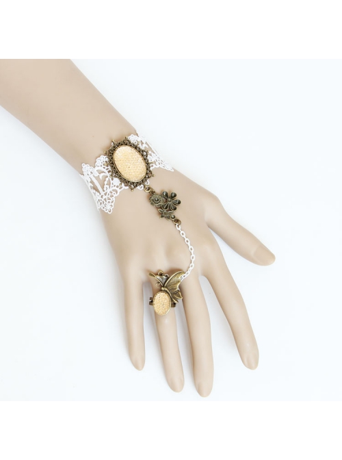 Fashion Retro Elegant Bride White Lace Handmade Female Bracelet With Ring One Chain