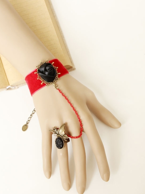 Gothic Fashion Retro Black Rose Red Velvet Female Bracelet With Ring One Chain