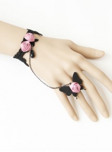 Retro Fashion Palace Black Leather Lace Pearl Pink Rose Creative Female Band Ring Bracelet