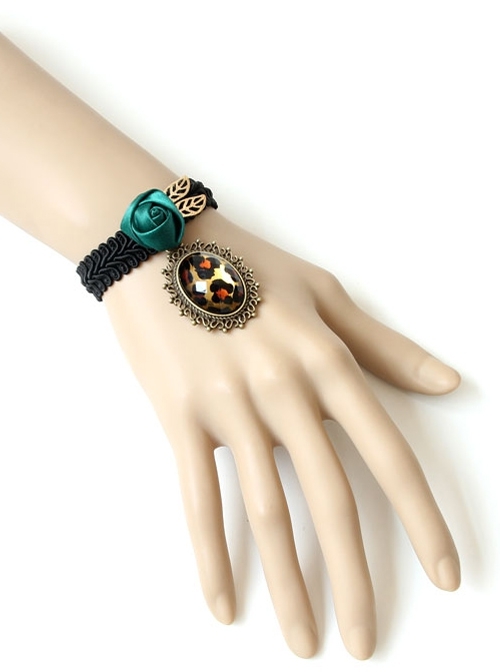 Retro Fashion Leopard Print Female Dark Green Rose Black Braided Bracelet