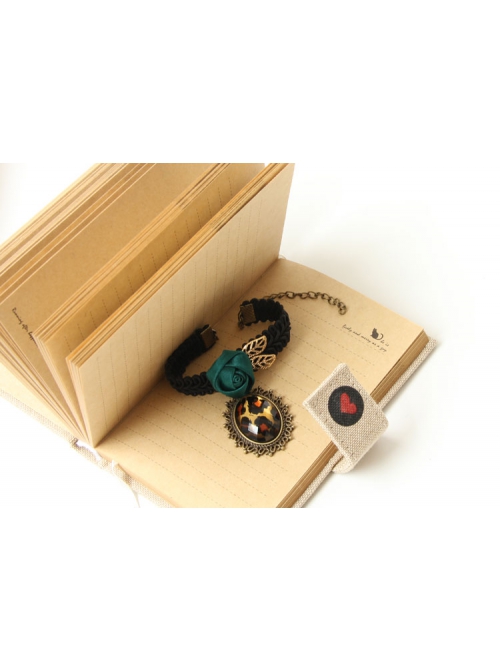 Retro Fashion Leopard Print Female Dark Green Rose Black Braided Bracelet
