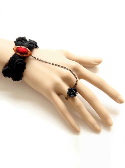 Retro Black Rose Flower Lace Ruby Gothic Fashion Female Bracelet With Ring One Chain