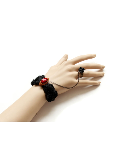 Retro Black Rose Flower Lace Ruby Gothic Fashion Female Bracelet With Ring One Chain