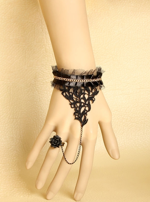 Retro Gothic Fashion Elegant Black Lace Rose Flower Female With Ring Bracelet