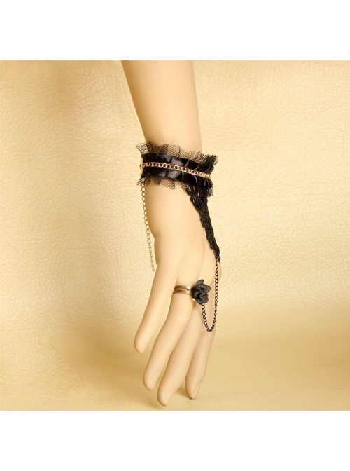 Retro Gothic Fashion Elegant Black Lace Rose Flower Female With Ring Bracelet