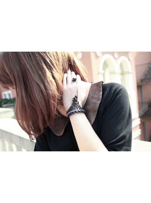 Retro Gothic Fashion Elegant Black Lace Rose Flower Female With Ring Bracelet
