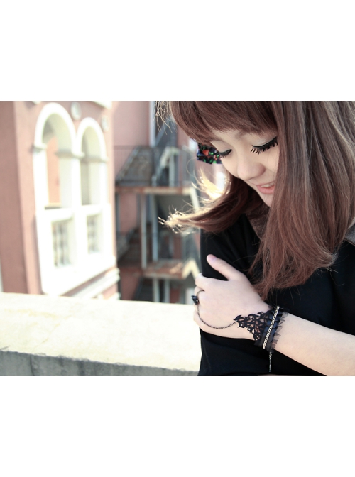 Retro Gothic Fashion Elegant Black Lace Rose Flower Female With Ring Bracelet
