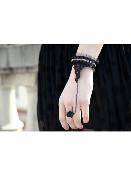 Retro Gothic Fashion Elegant Black Lace Rose Flower Female With Ring Bracelet